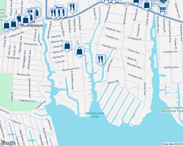 map of restaurants, bars, coffee shops, grocery stores, and more near 27 Delta Road in Massapequa