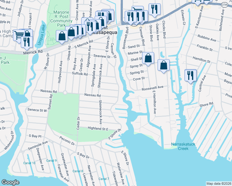 map of restaurants, bars, coffee shops, grocery stores, and more near 137 Nassau Road in Massapequa