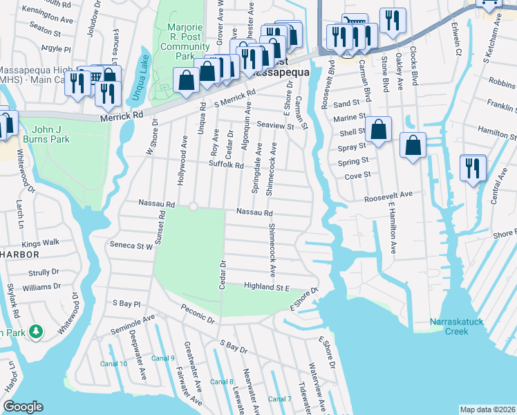 map of restaurants, bars, coffee shops, grocery stores, and more near 95 Nassau Road in Massapequa