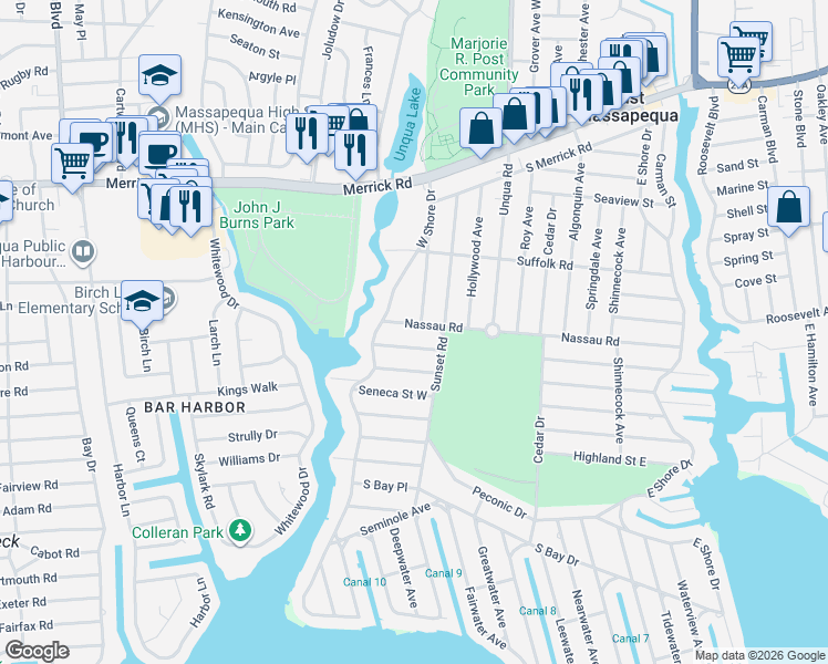 map of restaurants, bars, coffee shops, grocery stores, and more near 20 Nassau Road in Massapequa