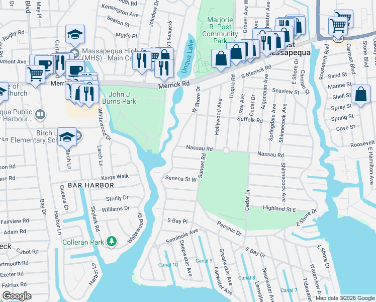 map of restaurants, bars, coffee shops, grocery stores, and more near 20 Nassau Road in Massapequa
