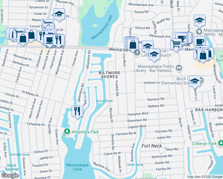 map of restaurants, bars, coffee shops, grocery stores, and more near 53 Frankel Road in Massapequa