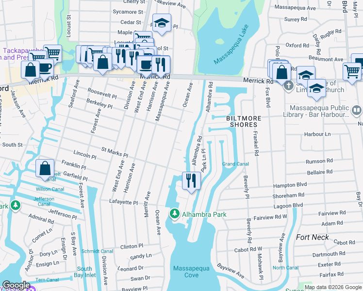 map of restaurants, bars, coffee shops, grocery stores, and more near 131A Ocean Avenue in Massapequa