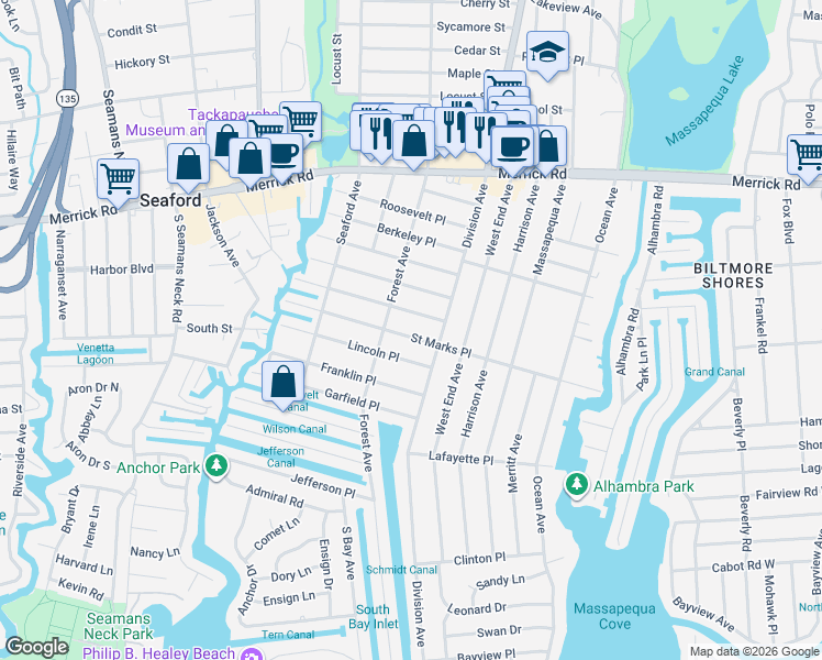 map of restaurants, bars, coffee shops, grocery stores, and more near 107 Saint Marks Place in Massapequa