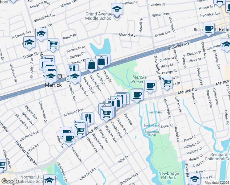 map of restaurants, bars, coffee shops, grocery stores, and more near 99 Fox Boulevard in Merrick