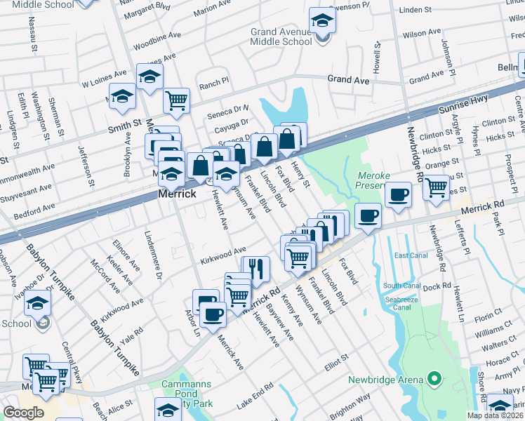 map of restaurants, bars, coffee shops, grocery stores, and more near 71 Wynsum Avenue in Merrick