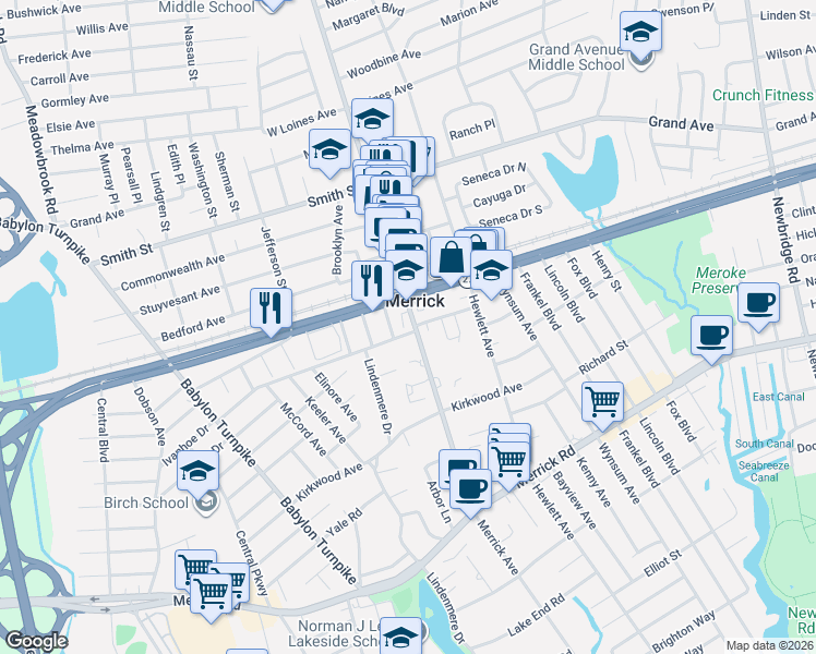 map of restaurants, bars, coffee shops, grocery stores, and more near 7 York Place in Merrick