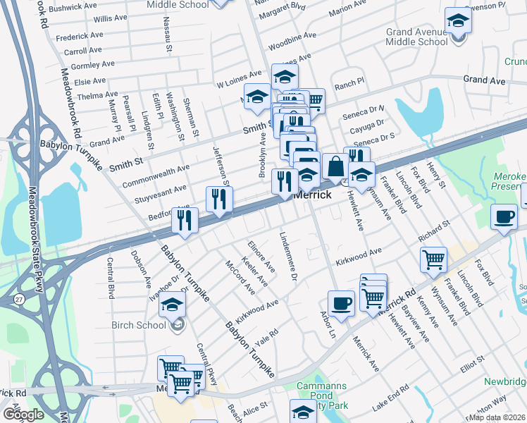map of restaurants, bars, coffee shops, grocery stores, and more near 2255 City Place in Merrick