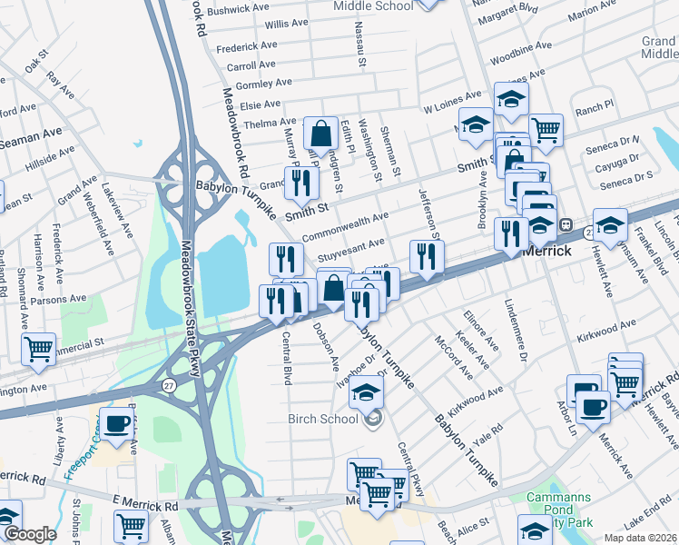 map of restaurants, bars, coffee shops, grocery stores, and more near 166 Bedford Avenue in Merrick