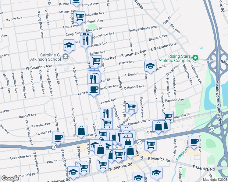 map of restaurants, bars, coffee shops, grocery stores, and more near 74 Dehnhoff Avenue in Freeport