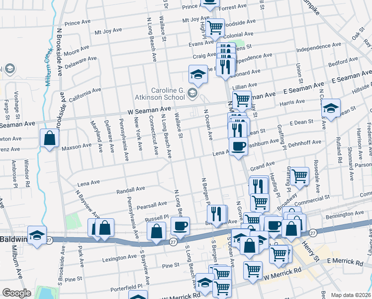map of restaurants, bars, coffee shops, grocery stores, and more near 11 West Woodbine Drive in Freeport