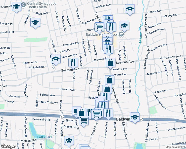 map of restaurants, bars, coffee shops, grocery stores, and more near 1990 Oakmere Drive in Baldwin