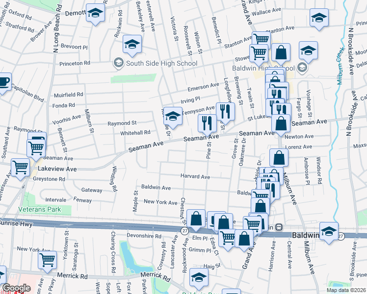 map of restaurants, bars, coffee shops, grocery stores, and more near 1999 Chestnut Street in Baldwin
