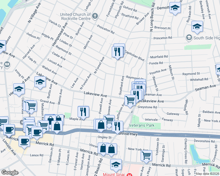 map of restaurants, bars, coffee shops, grocery stores, and more near 102 Brower Avenue in Rockville Centre
