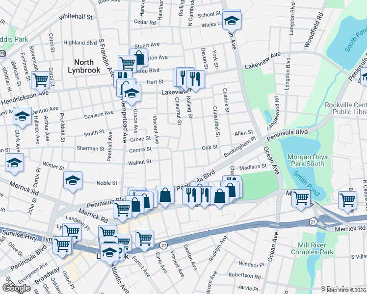 map of restaurants, bars, coffee shops, grocery stores, and more near 37 Oak Street in Lynbrook