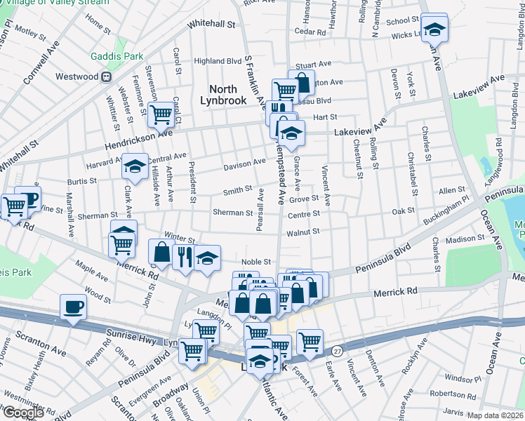 map of restaurants, bars, coffee shops, grocery stores, and more near 25 Pearsall Avenue in Lynbrook