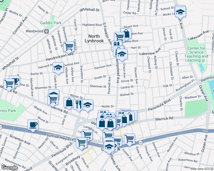 map of restaurants, bars, coffee shops, grocery stores, and more near 25 Pearsall Avenue in Lynbrook