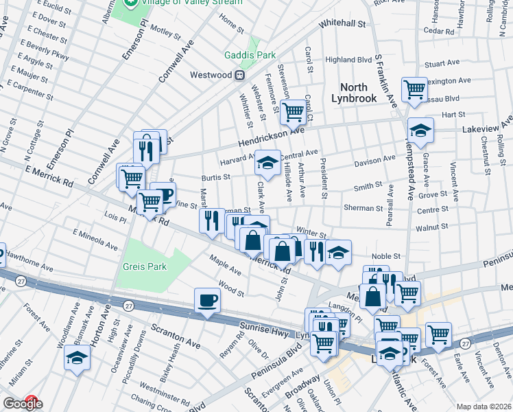 map of restaurants, bars, coffee shops, grocery stores, and more near 15 Clark Avenue in Lynbrook