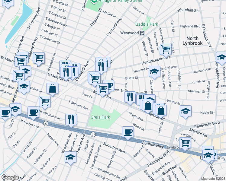 map of restaurants, bars, coffee shops, grocery stores, and more near 14 Dawes Avenue in Lynbrook