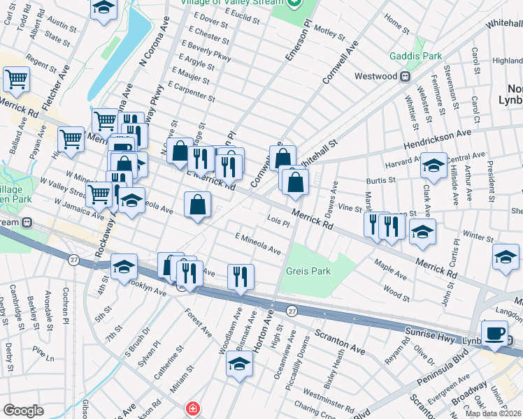 map of restaurants, bars, coffee shops, grocery stores, and more near 37 Lois Place in Valley Stream