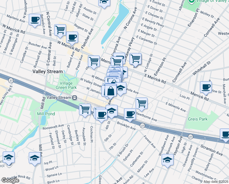 map of restaurants, bars, coffee shops, grocery stores, and more near 174 Rockaway Avenue in Valley Stream