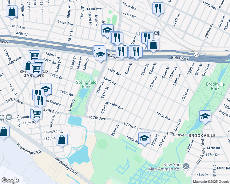 map of restaurants, bars, coffee shops, grocery stores, and more near 145-57 223rd Street in Queens