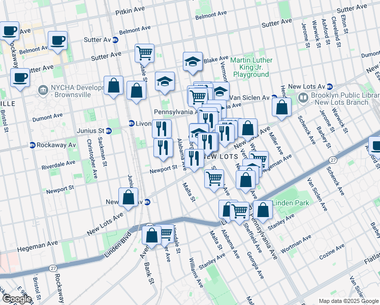 map of restaurants, bars, coffee shops, grocery stores, and more near 573 Alabama Avenue in Brooklyn