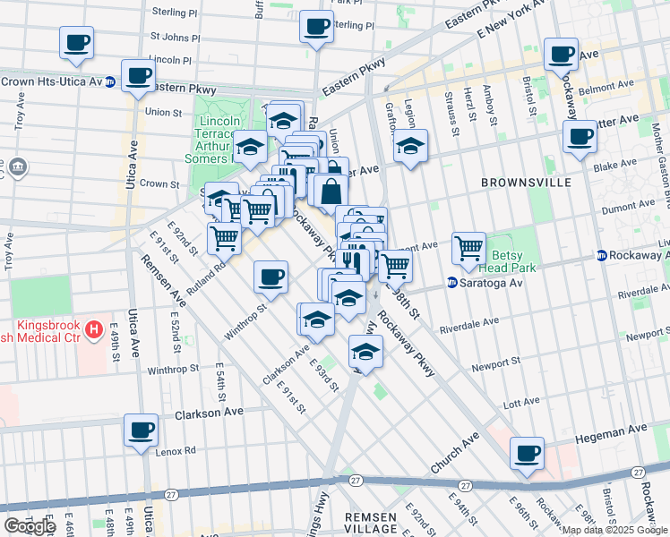 map of restaurants, bars, coffee shops, grocery stores, and more near 196 Roackaway Parkway in Brooklyn