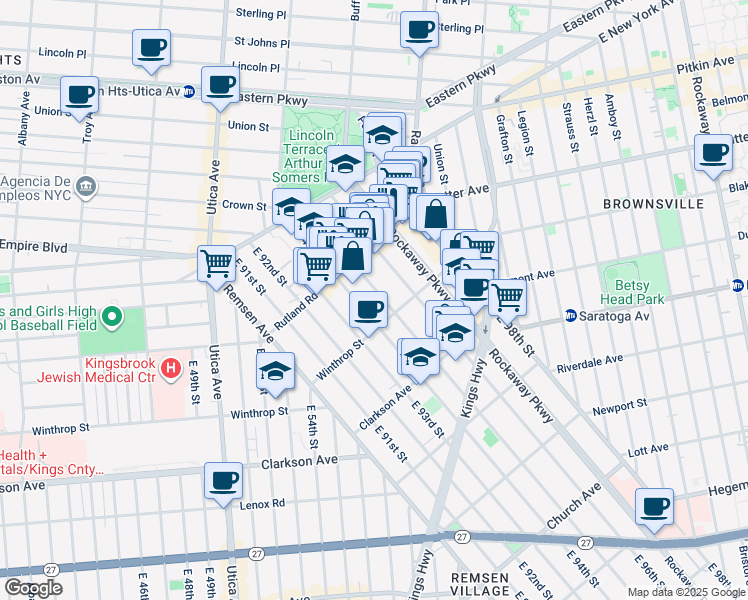 map of restaurants, bars, coffee shops, grocery stores, and more near 154 East 95th Street in Brooklyn