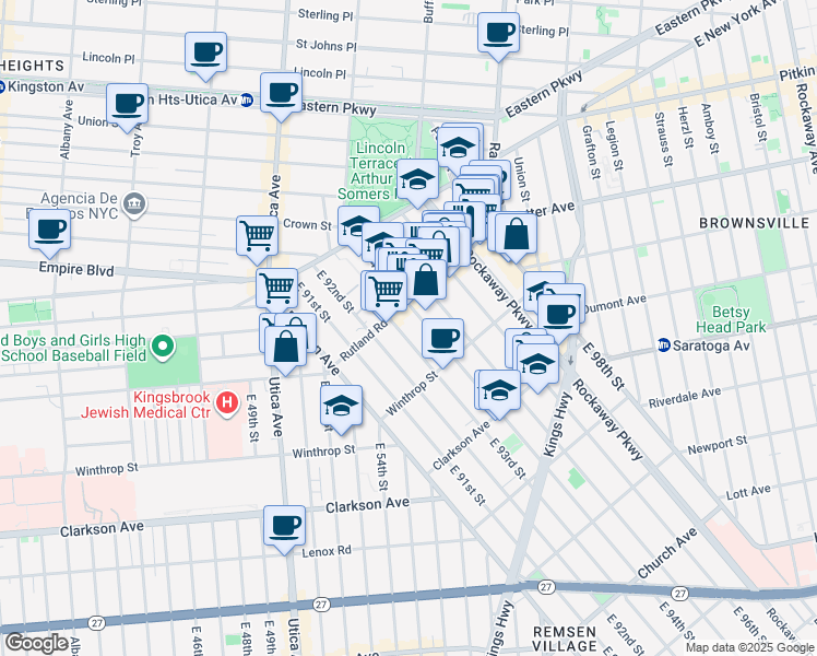 map of restaurants, bars, coffee shops, grocery stores, and more near 131 East 93rd Street in Brooklyn