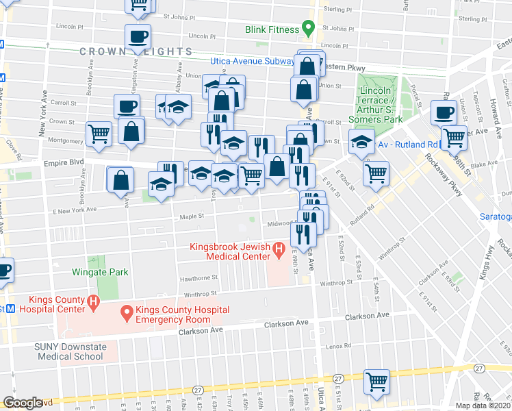 map of restaurants, bars, coffee shops, grocery stores, and more near 767 Maple Street in Brooklyn
