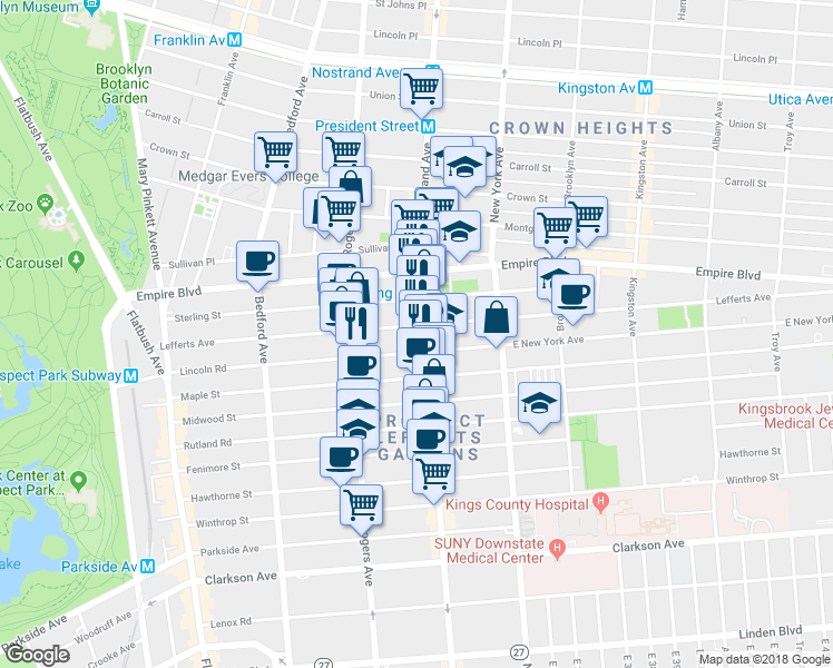 map of restaurants, bars, coffee shops, grocery stores, and more near 1046 Nostrand Avenue in Brooklyn