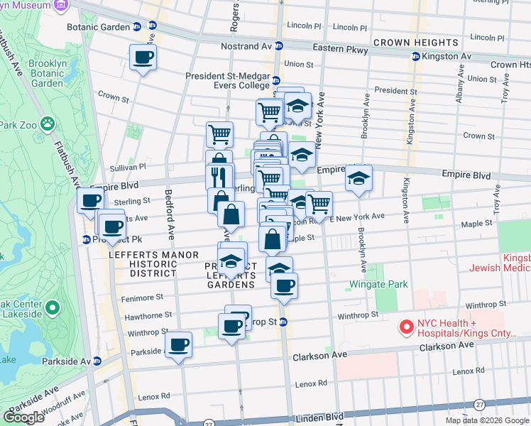 map of restaurants, bars, coffee shops, grocery stores, and more near 1046 Nostrand Avenue in Brooklyn