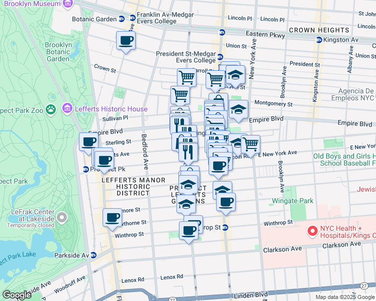 map of restaurants, bars, coffee shops, grocery stores, and more near 246 Lefferts Avenue in Brooklyn