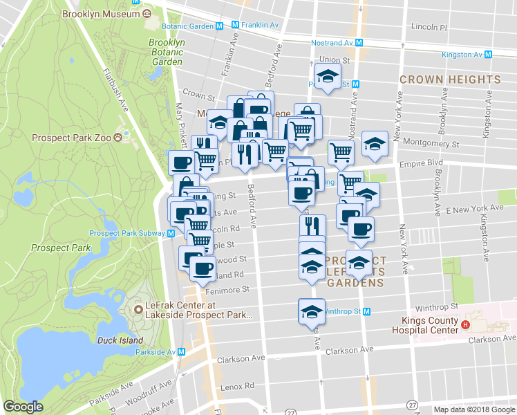 map of restaurants, bars, coffee shops, grocery stores, and more near 158 Lefferts Avenue in Brooklyn