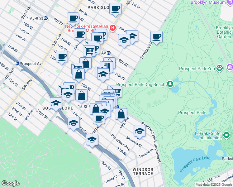 map of restaurants, bars, coffee shops, grocery stores, and more near 182 Prospect Park West in Brooklyn