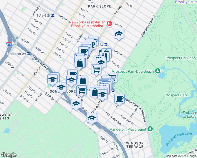 map of restaurants, bars, coffee shops, grocery stores, and more near 423 15th Street in Brooklyn