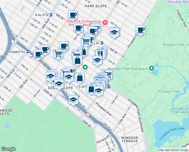 map of restaurants, bars, coffee shops, grocery stores, and more near 423 15th Street in Brooklyn