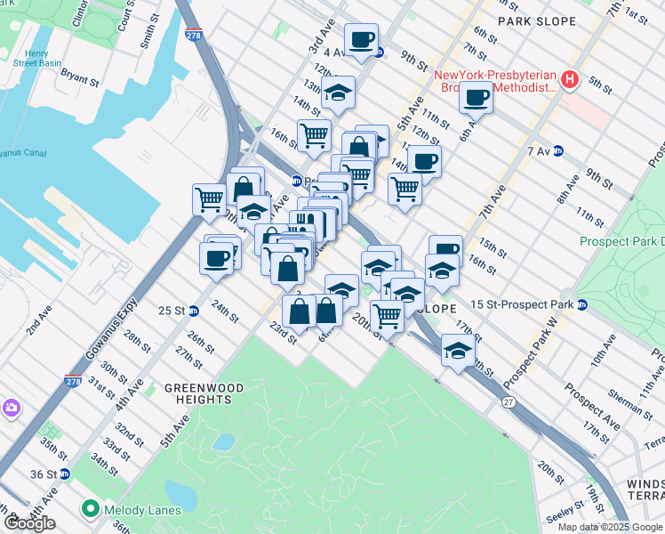 map of restaurants, bars, coffee shops, grocery stores, and more near 252 19th Street in Brooklyn