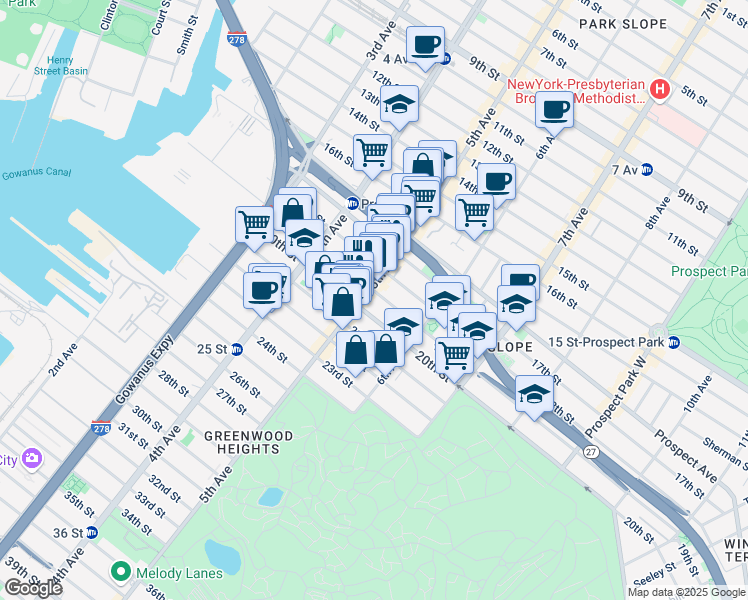 map of restaurants, bars, coffee shops, grocery stores, and more near 252 19th Street in Brooklyn