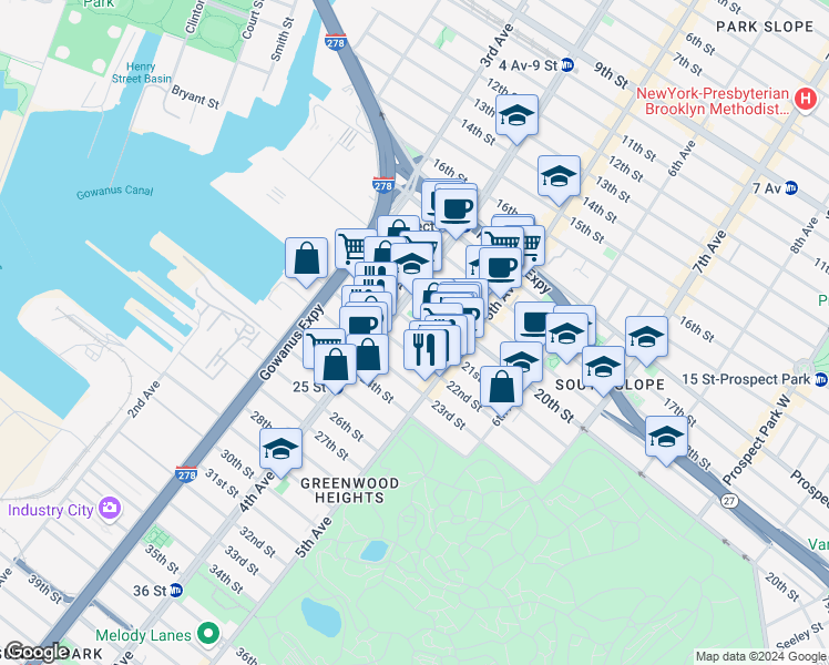 map of restaurants, bars, coffee shops, grocery stores, and more near 200 21st Street in Brooklyn