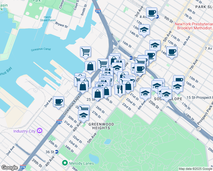 map of restaurants, bars, coffee shops, grocery stores, and more near 714 4th Avenue in Brooklyn