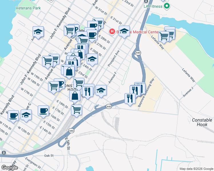 map of restaurants, bars, coffee shops, grocery stores, and more near 151 Avenue F in Bayonne