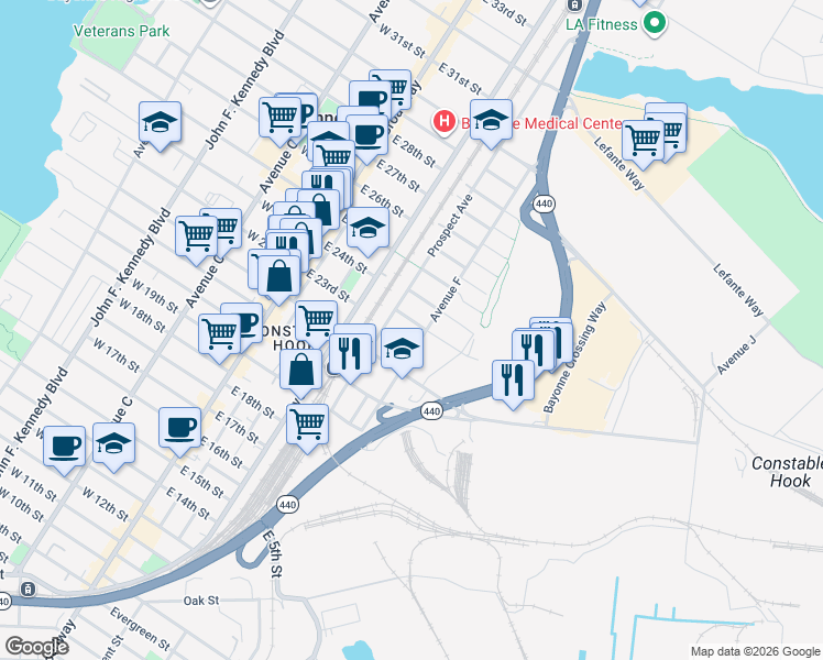 map of restaurants, bars, coffee shops, grocery stores, and more near 151 Avenue F in Bayonne