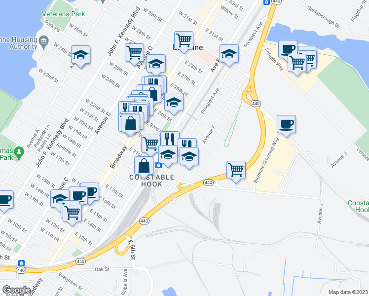 map of restaurants, bars, coffee shops, grocery stores, and more near 71 Prospect Avenue in Bayonne