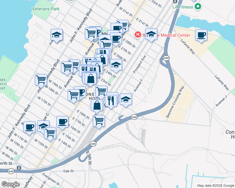map of restaurants, bars, coffee shops, grocery stores, and more near 71 Prospect Avenue in Bayonne