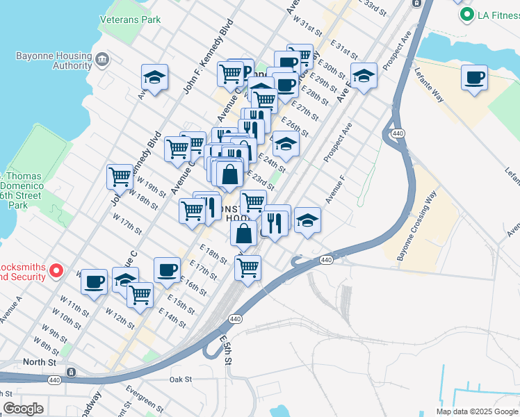 map of restaurants, bars, coffee shops, grocery stores, and more near 250 Avenue E in Bayonne