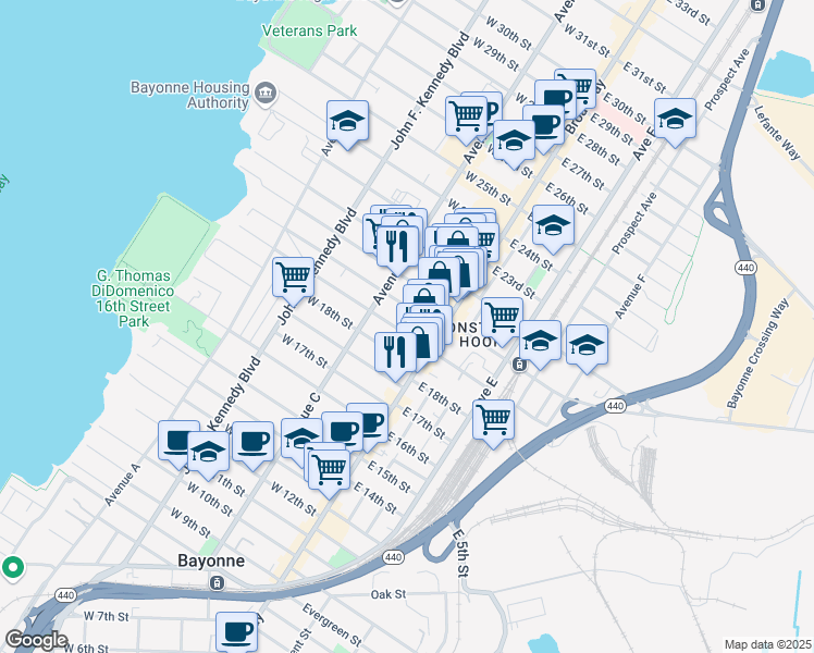 map of restaurants, bars, coffee shops, grocery stores, and more near 17 West 19th Street in Bayonne