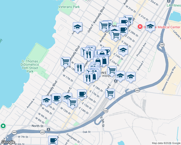map of restaurants, bars, coffee shops, grocery stores, and more near 17 West 19th Street in Bayonne