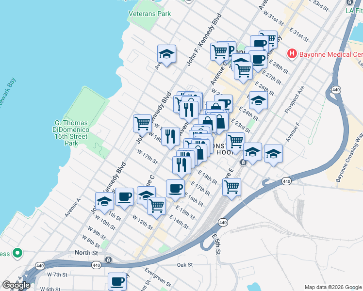 map of restaurants, bars, coffee shops, grocery stores, and more near 45 West 18th Street in Bayonne